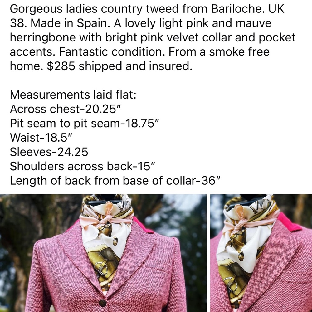 VTG Women’s Bariloche Pink Tweed Wool Coat - Equestrian Riding Hunt Coat - UK 12 - Picture 12 of 13